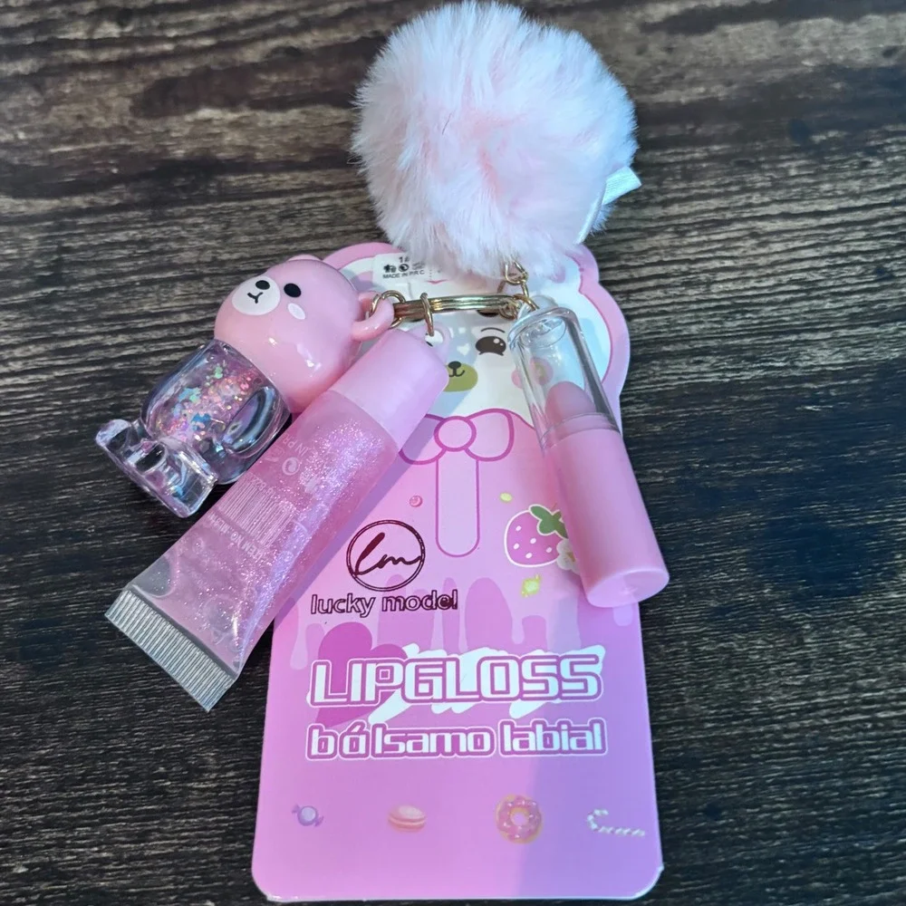 Pink Bear Lip Gloss Balm Set Pom Pom Keychain Y2K Kawaii Glitter Accessory